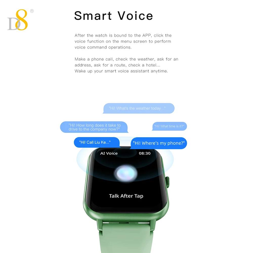 ساعة ذكية D8 بشاشة لمس 1.83 بوصة مقاومة للماء 100+ رياضية/إطارات/تشغيل الموسيقى/هدية للنساء/هدية عيد الحب