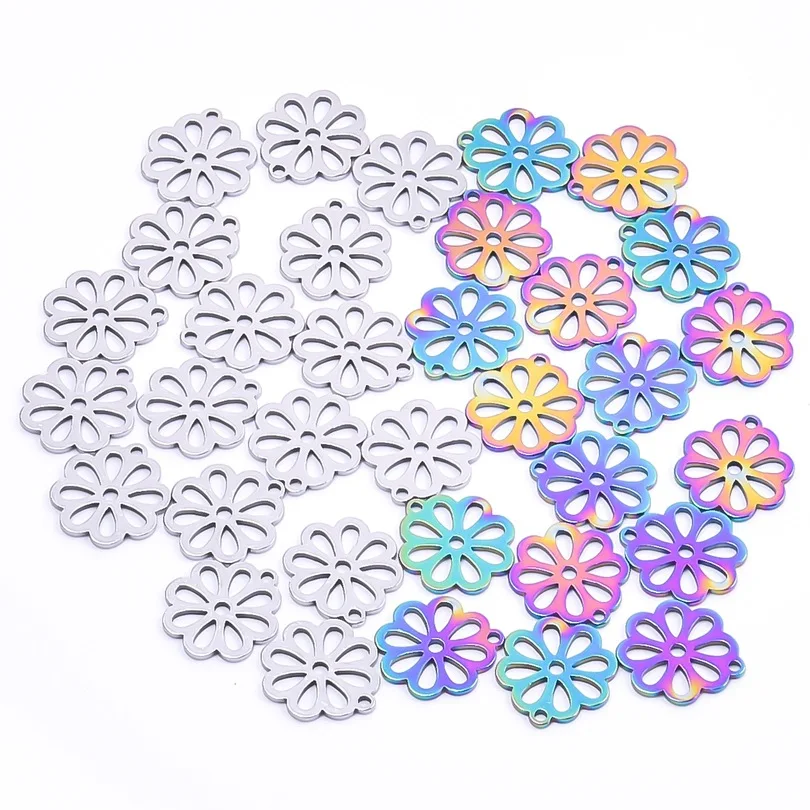 20Pcs 316L Stainless Steel Rainbow Silver Gold Color 14x12mm Flower Charms Pendant for Man Women