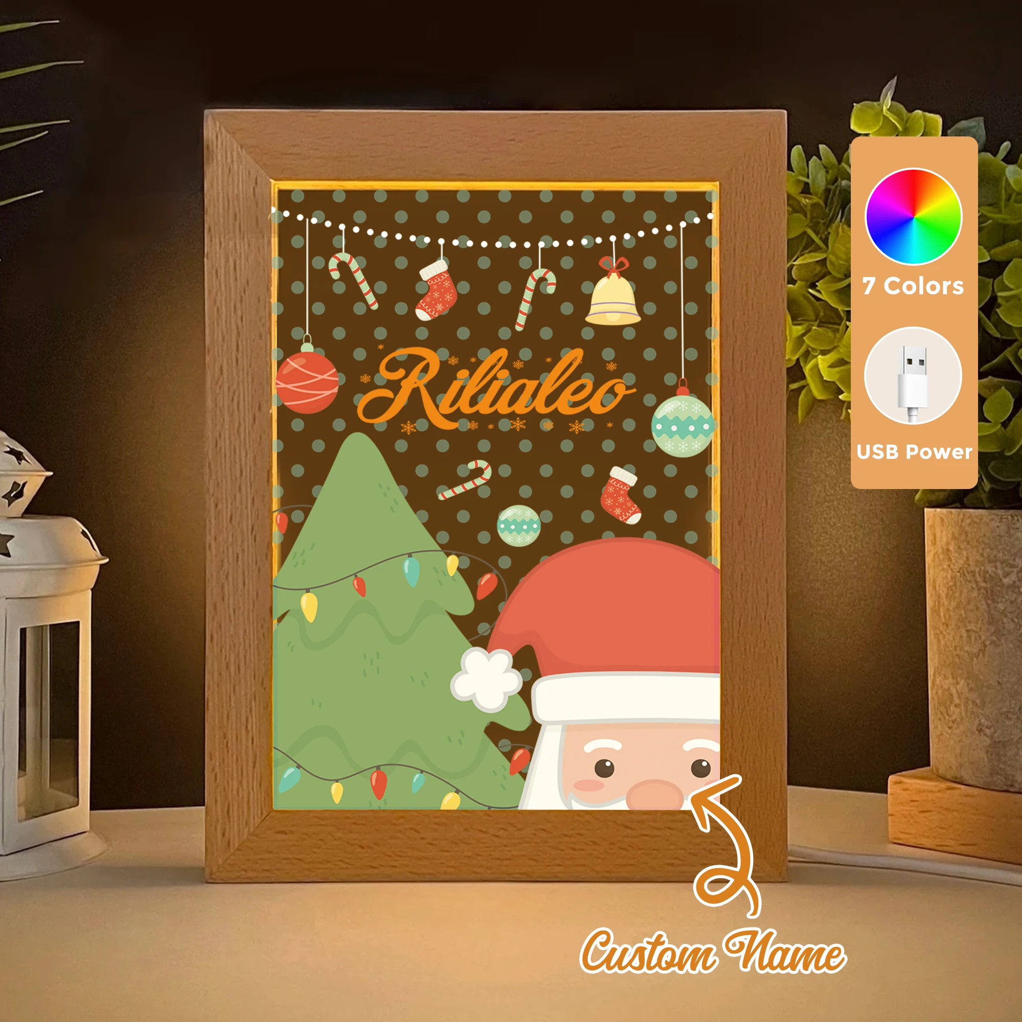 

Custom Name Christmas Bell LED Acrylic Night Light Wood Photo Frame 21x17cm Christmas Cartoon Children Bedroom Gifts Home Decor