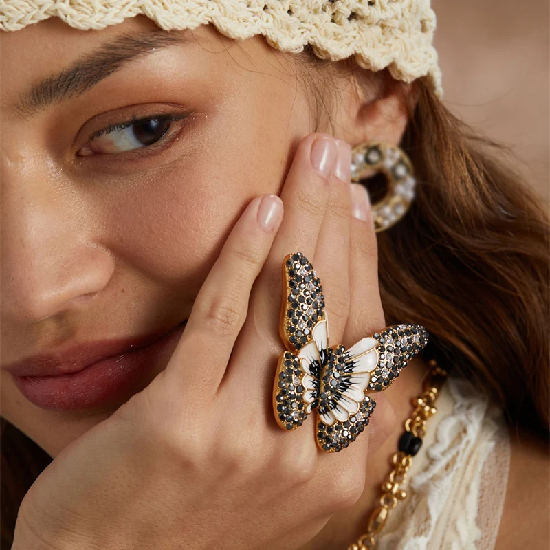 

Vintage Large Black Butterfly Rings For Woman Rhinestone Enamel Gold Color Luxury Quality Jewelry Women Party Accessories 2025