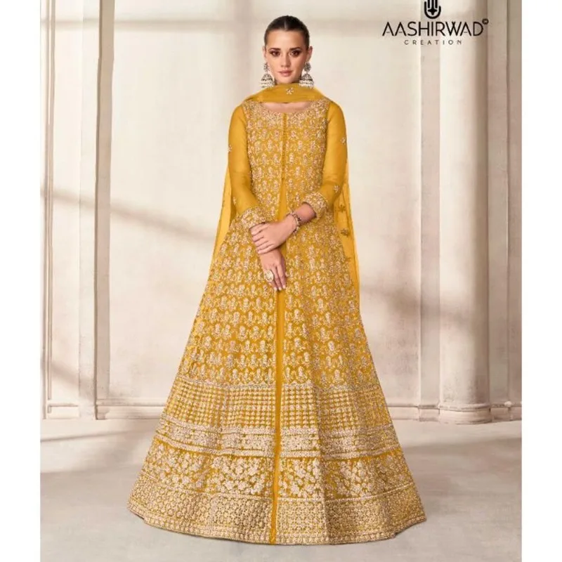 Wedding Party Wear Ethnic Style Heavy Embroidery Worked Anarkali Flared Gowns