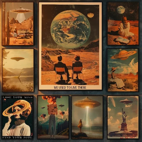 Póster surrealista de Cosmos, OVNI espacial, ciencia ficción, astronauta Vintage, extraterrestre, desierto, pintura en lienzo, arte de pared moderno para decoración del hogar y la sala de estar