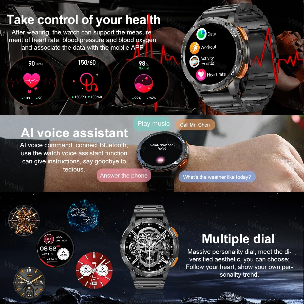 Tanque T2 Ultra AMOLED Smartwatch Militar para Homens e Mulheres, Bluetooth Call, IP68 Impermeável, Esportes Fitness Tracker Relógios