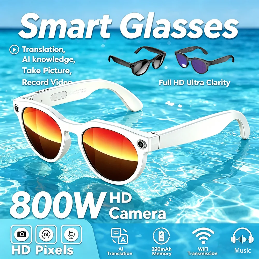 

2026 Smart Glasses 800W HD Camera Video Record WIFI Transmission 100+Languages Translation AI Conversation 290mAh Smart Glasses