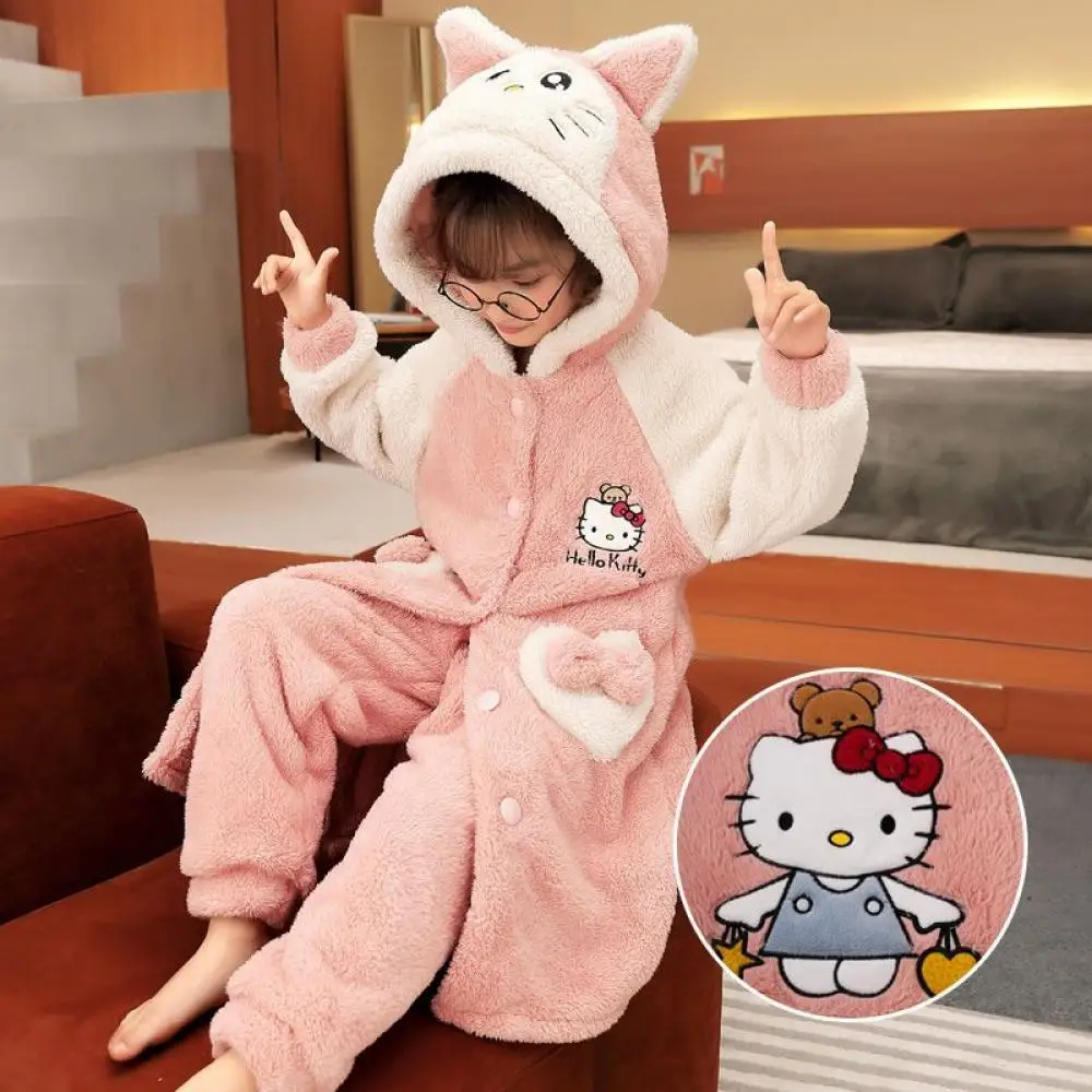 Sanrio Hello Kitty Girls Robe Pajamas My Melody Winter Coats for Home Clothes Bathrobe Female Coral Fleece Nightdress Sleepwear