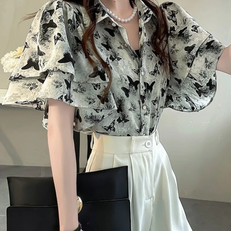 Spring Summer New Fashion Women\'s Clothing Polo Neck Short Sleeve Butterfly Print Blouses Female Clothes Y2K Loose Women\'s Shirt