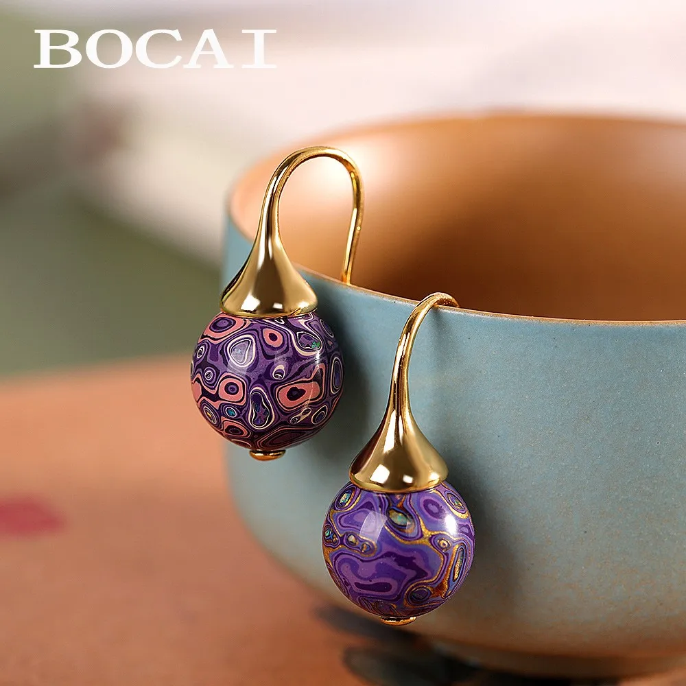 

BOCAI Fashionable New S925 Silver Jewelry Lacquer Purple Sandalwood Embryo Earrings for Women High Quality Birthday Gifts