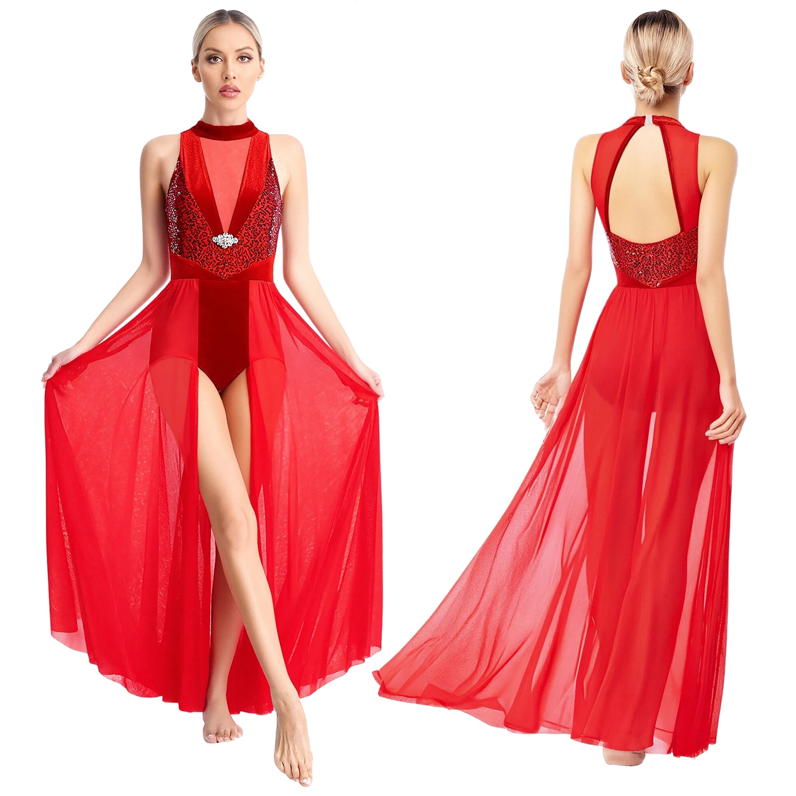 

Elegant Womens Lyrical Dance Dress Sequin Halter Sleeveless Long Flowy Maxi Dress Modern Contemporary Stage Performance Costume