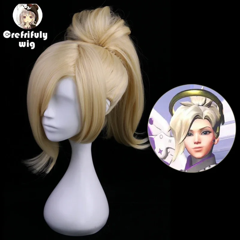 35cm Synthetic Short Blonde Wig Cosplay Costume Game OW Overwatch Mercy Cosplay Wigs With One Chip Ponytail