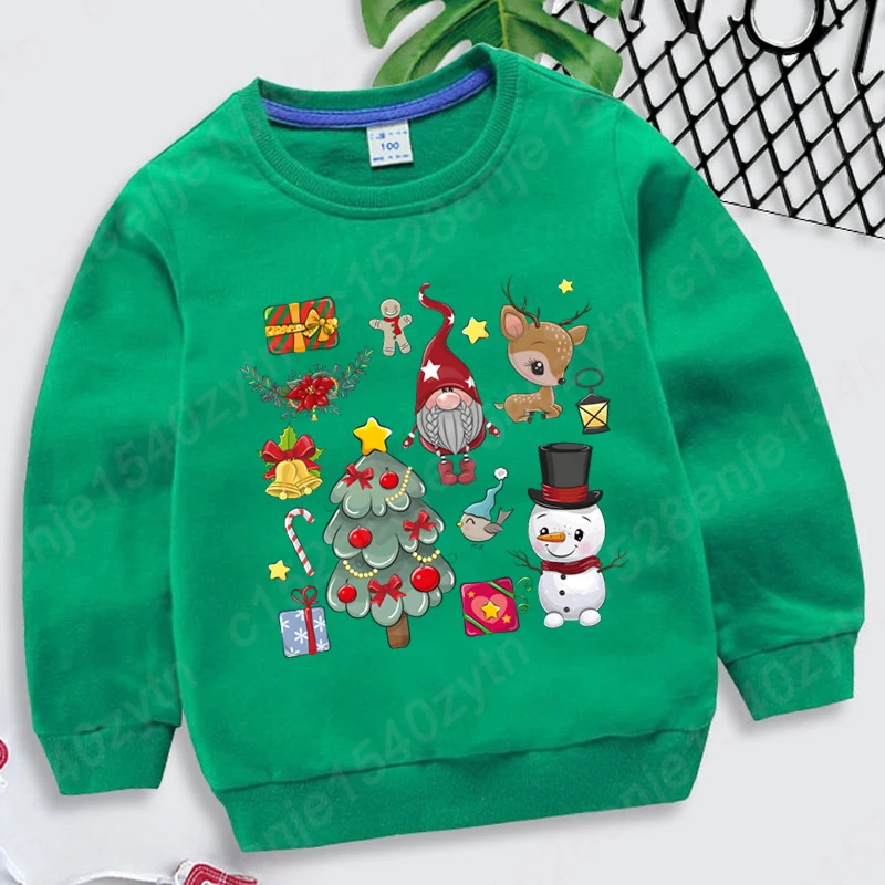 Christmas Reindeer Santa Claus Snowman Print Pullovers Kids Casual Sports Hoodeless Sweatshirt Children Pure Color Oversize Tops