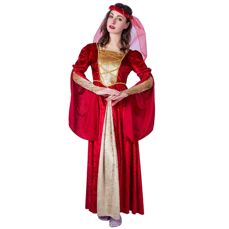 

Adult Medieval Princess Costume Women Halloween Renaissance Red Dresses Purim Cosplay Clothes With Veil