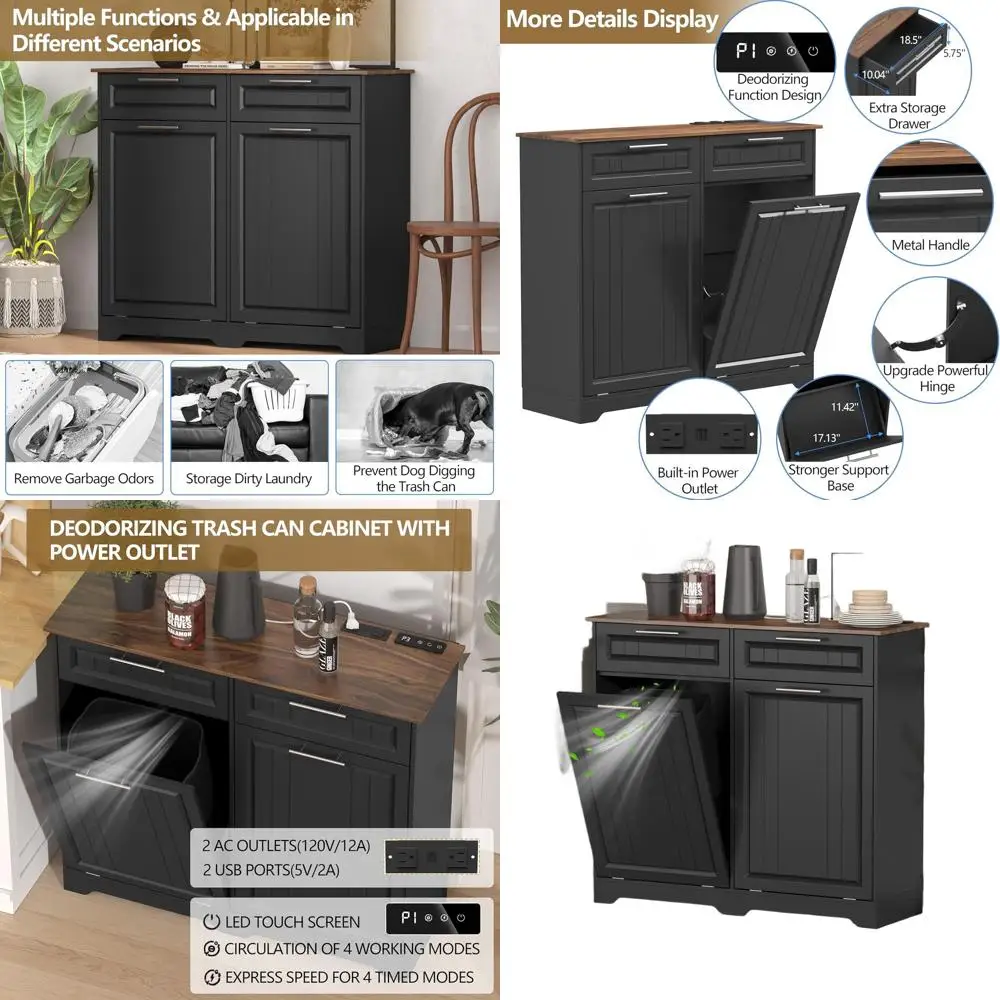 

10-галлонный двойной наклонный шкаф для мусора с дезодоратором и портом для зарядки, ящиками для хранения, корзиной для белья, кухня/B