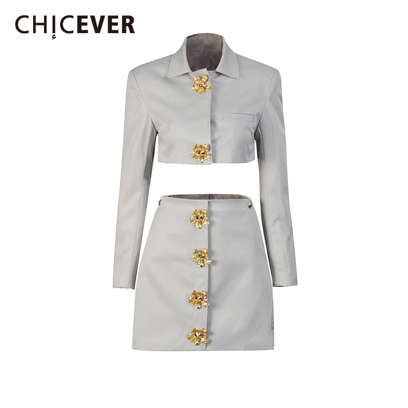 CHICEVER Grayblue أزرار مقسمة قطعتين مجموعة الإناث التلبيب كم طويل سترة تخفيف الفكرية المرأة تنورة مجموعات الموضة #1