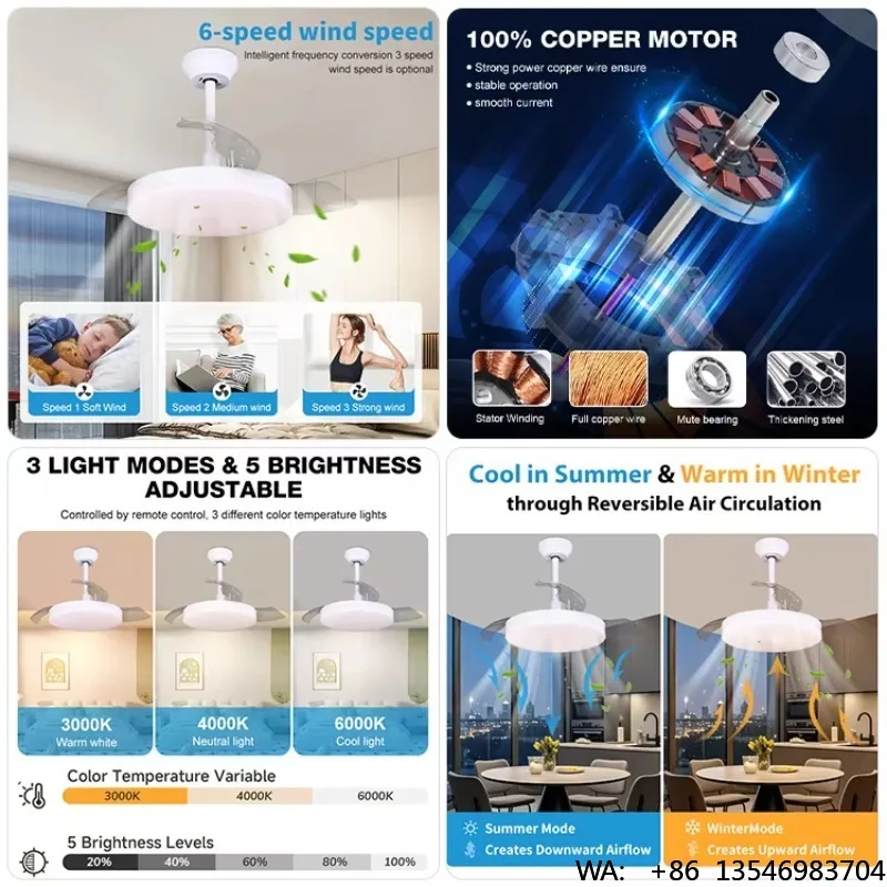 In Stock Discount Price Modern Indoor Bedroom 36 Inch Remote Control Dimmable Low Noise DC Motor Led Invisible Ceiling Fan Light