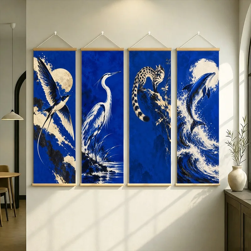 Birds Seahorse and Curling Wave Hanging Scroll with Dramatic White Illustrations on a Royal Blue Ground for a Living Room