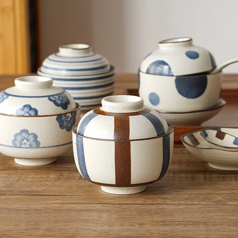 

Vintage Ceramic Stew Pot with Lid Soup Bowl Japanese Underglaze Colored Dessert Steam Egg Soup Bowl Creative Home Tableware