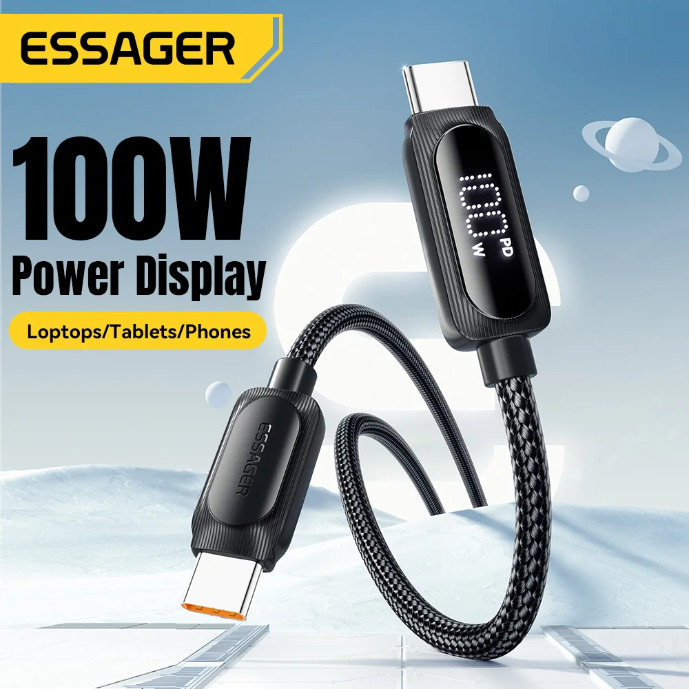 

3 м длинный кабель Essager 100 Вт USB Type C, провод для быстрой зарядки, шнур для Macbook iPad iPhone 17 1615 Pro Xiaomi, провод с цифровым дисплеем