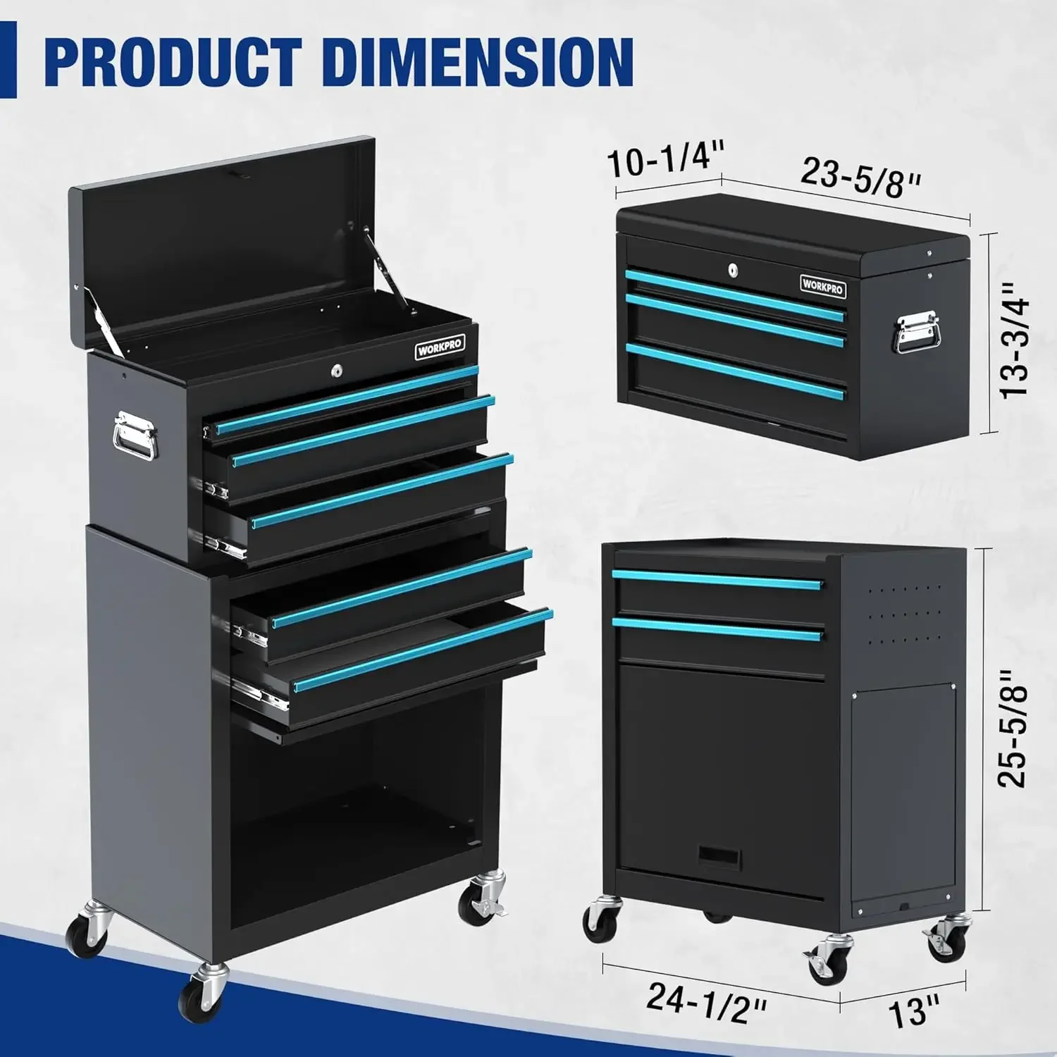 24.5 Inch 5-Drawer Rolling Tool Chest with Wheels, 2 in 1 Detachable Tool Chests & Box, Portable Steel Tool Cabinets wit