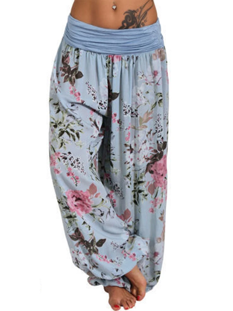 Pantalones largos bohemios con estampado Floral para mujer, pantalón harén Vintage de cintura media, cintura elástica, pantalones de playa bohemios 5XL