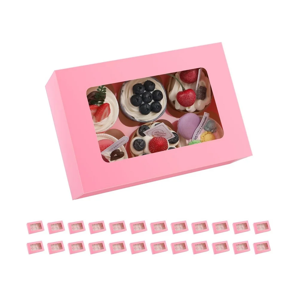 25 Cupcake Box Pink Cupcake Containers 6 Count with Window and Inserts Cupcake Holders for Muffins, Cookies, Desserts, Pastries