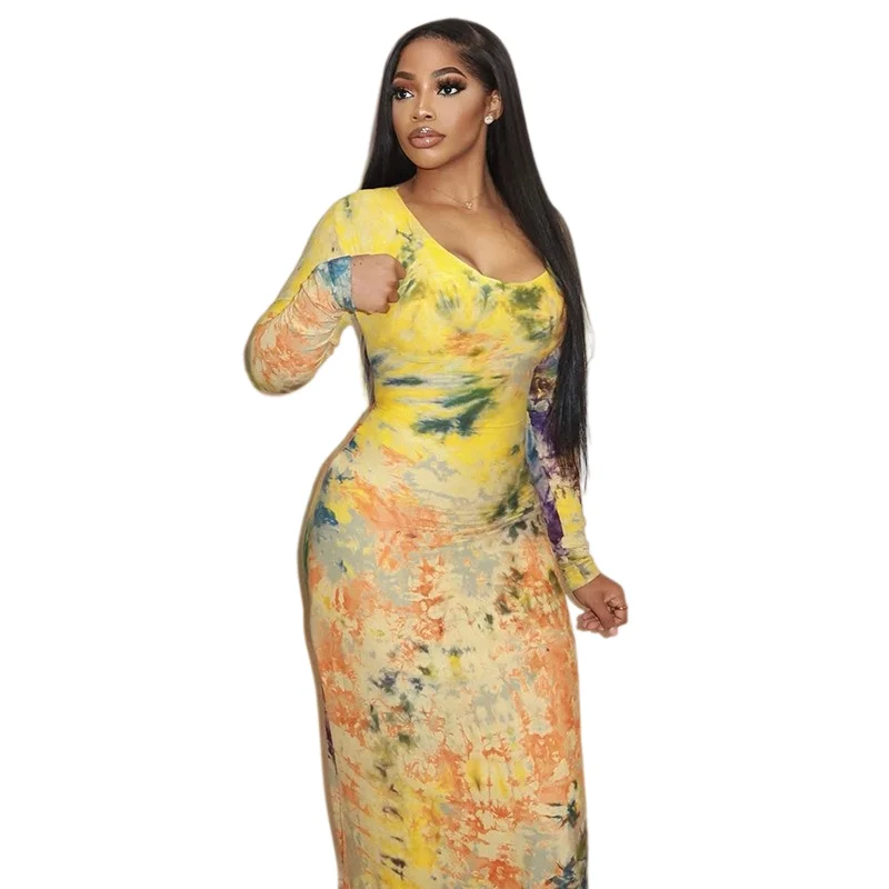 Women's Oil Paintings Print O-Neck Long Sleeve Waistband Hips Wrapped Long Dress