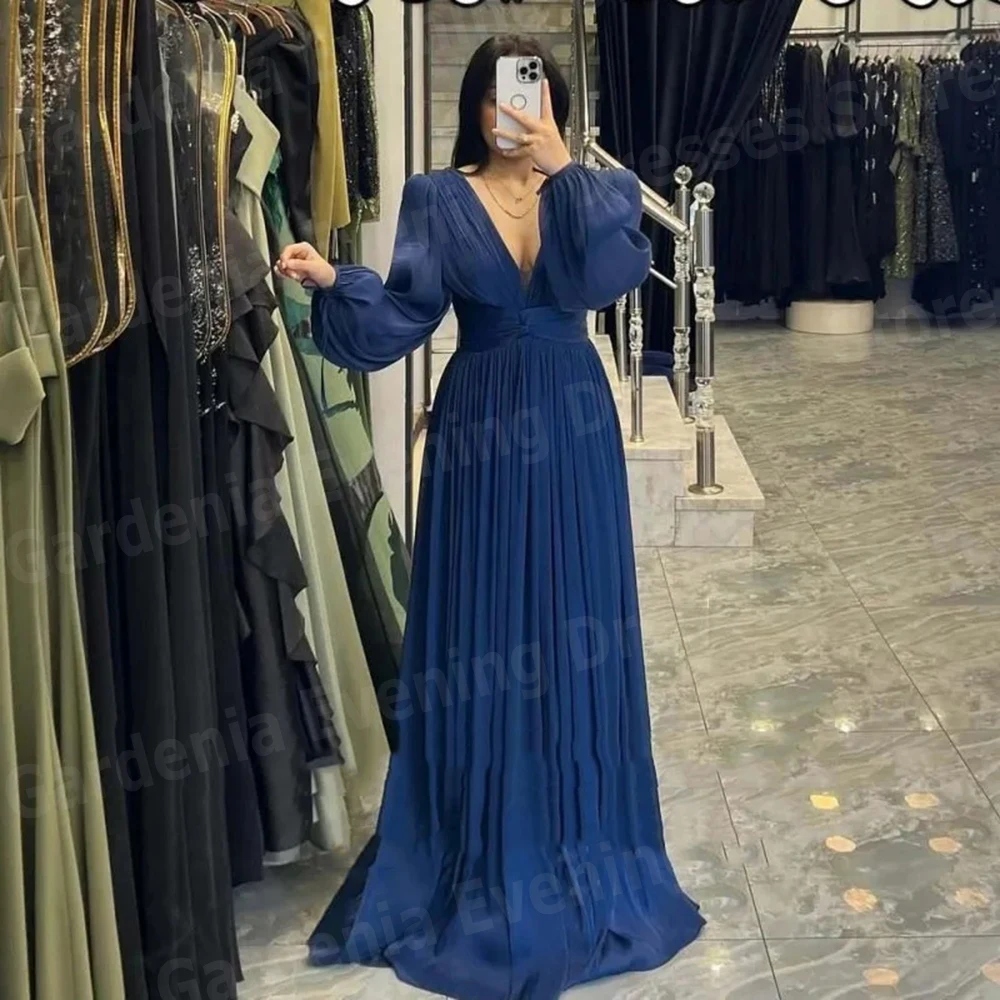 

Gorgeous A Line Women's Evening Dresses V Neck Prom Gowns Customized Long Sleeved Pleated Party Vestidos Para Mujer Elegantes