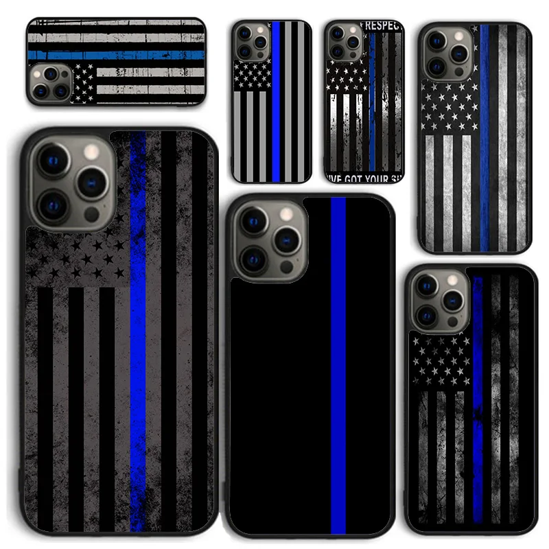 Police Styled Thin Blue Line American Flag Phone Case for iPhone 16 15 14 12 13 PLUS X XS XR 11 PRO MAX Fundas Shell