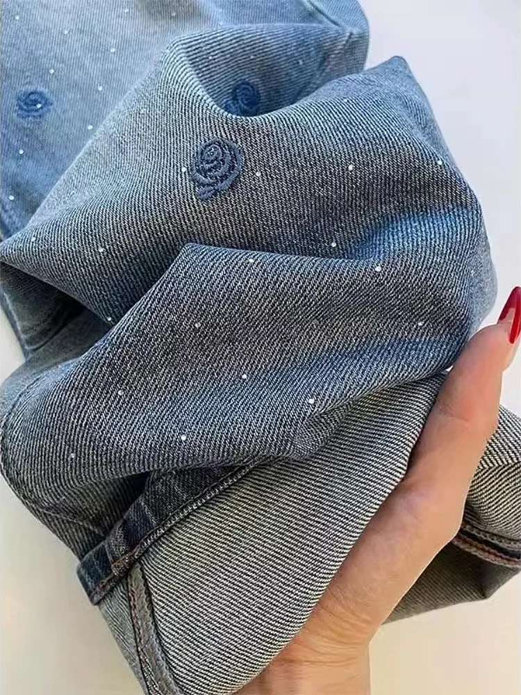 

Retro American Blue Embroidered Rhinestone Rose Jeans High Waist Heavy Wash Slim Straight Leg Pants Women's Premium Denim