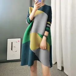 Fashion O-Neck Printed Loose Color Geometric Mini Dress Women's Clothing Spring New Oversized Commuter Casual Dresses