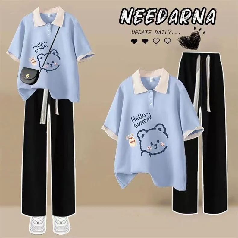 Summer girls' short sleeved polo collar T-shirt+fashionable wide leg pants two-piece set