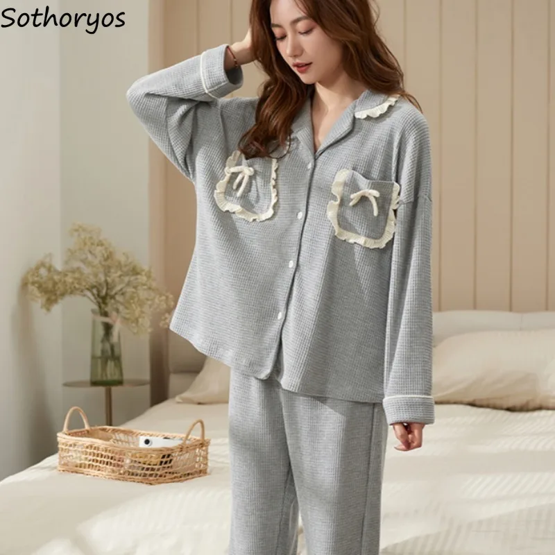 Bow Design Pajama Sets Women Chic Long Sleeve Trousers Slouchy Cozy Loose Fit Outwear Homewear Trendy Turn-down Collar Pyjamas