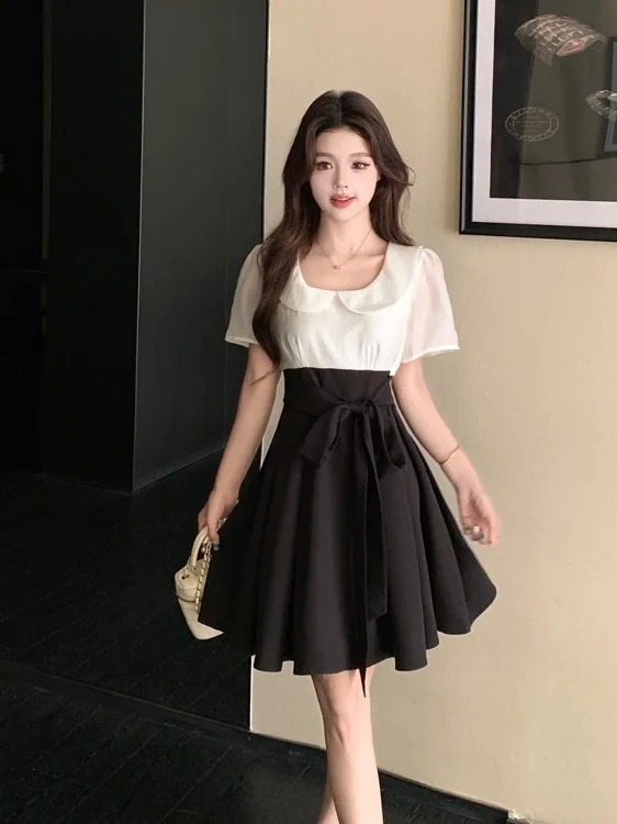 

plus Size Doll Collar Short Sleeve Slimming Design Color Block Black Dress Korean Style Commute Fashion A-Line Skirt Dress