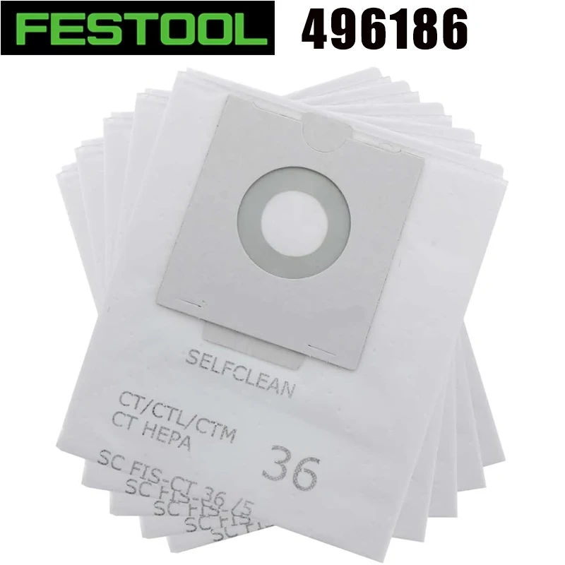 

FESTOOL 496186 Self-Clean HEPA Replacement Dust Filter Bags for 36 CTL CTM Dust Extractors 5-Pack