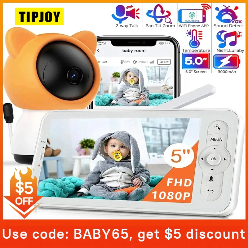 

5 Inch WiFi With Phone App 1080P Video Baby Monitor Pan Tilt Zoom Baby Camera 2-way Talk Babyphone Auto Night Vision Babe Nanny