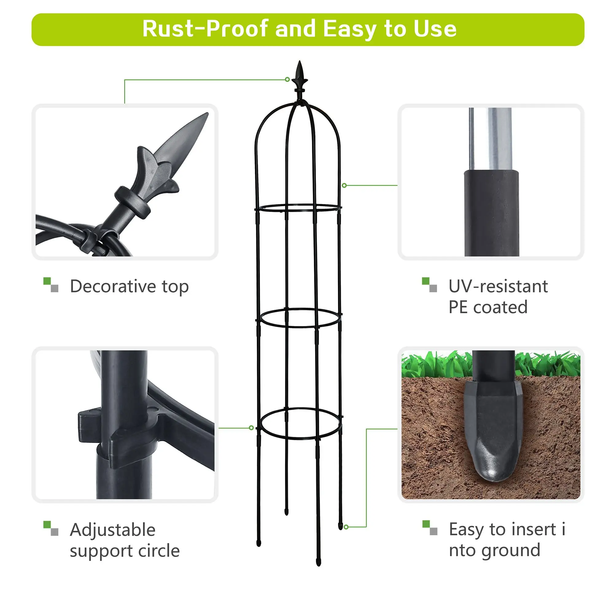 6.2ft Garden Obelisk Trellis, Plastic-Coated Rustproof Metal, 3 Adjustable Heights, Climbing Plant Support Stand, Black, 1 Piece