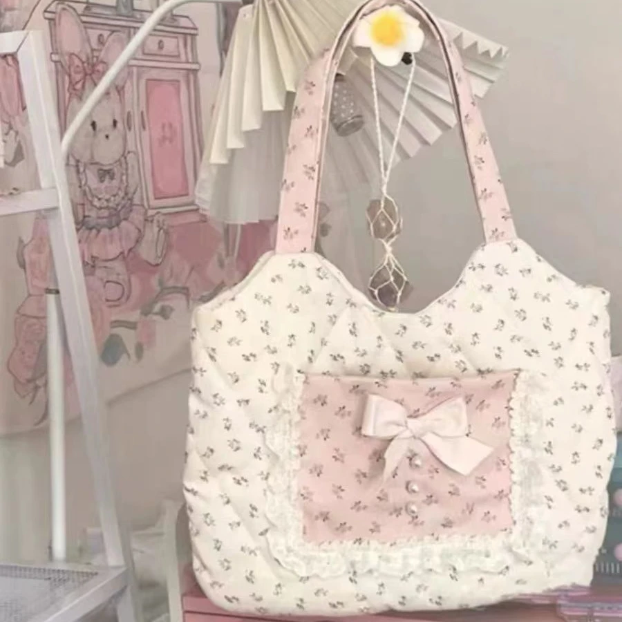 Torby na ramię o dużej pojemności damskie wzornictwo kokardki słodkie wszystkie mecze koreańskie modne torebki Harajuku Preppy Tote Bag Bolsos Ins