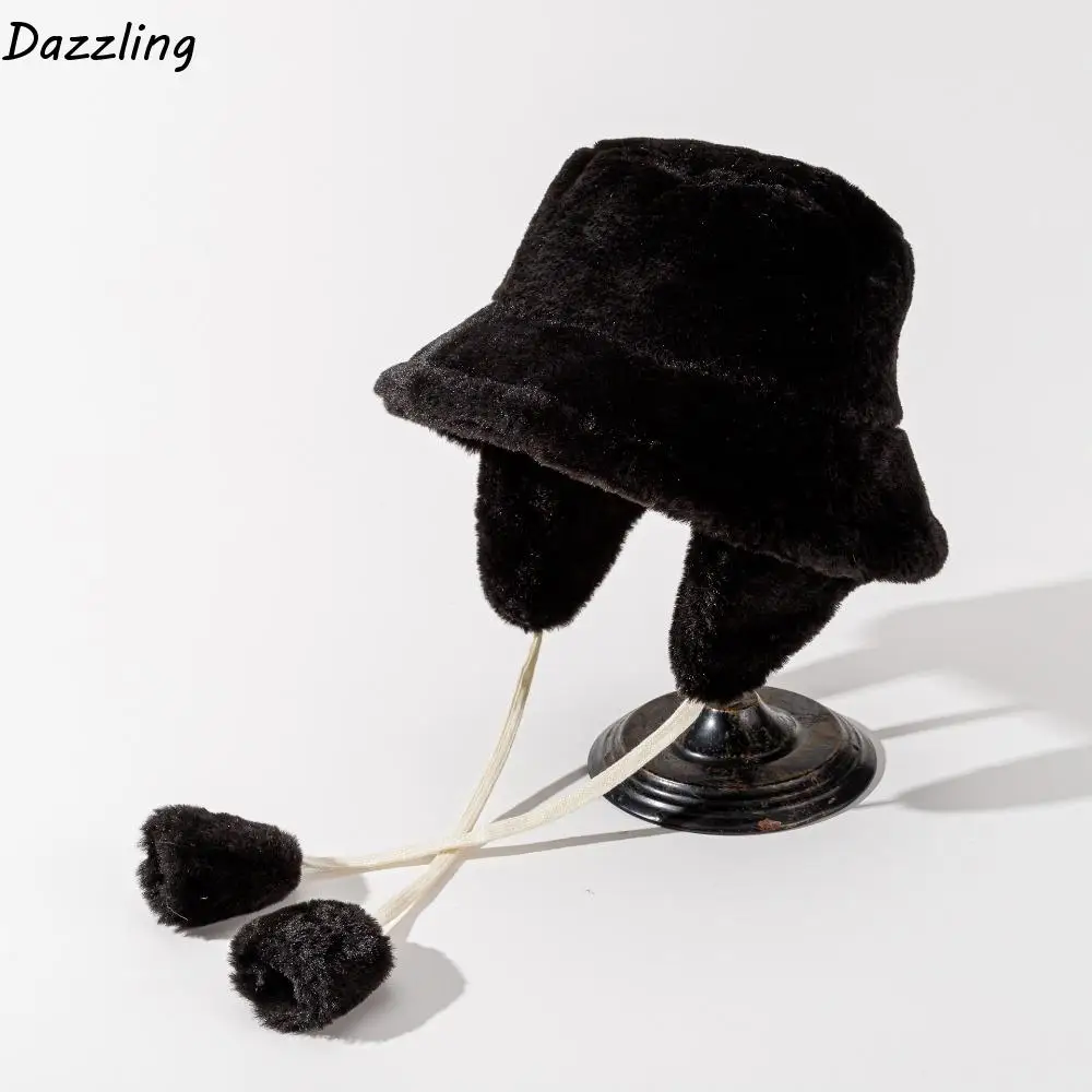 

Gifts Solid Color Plush Panama Hat Warmer Windproof Plush Bucket Cap Soft Anti-cold Ear Protection Cap Travel