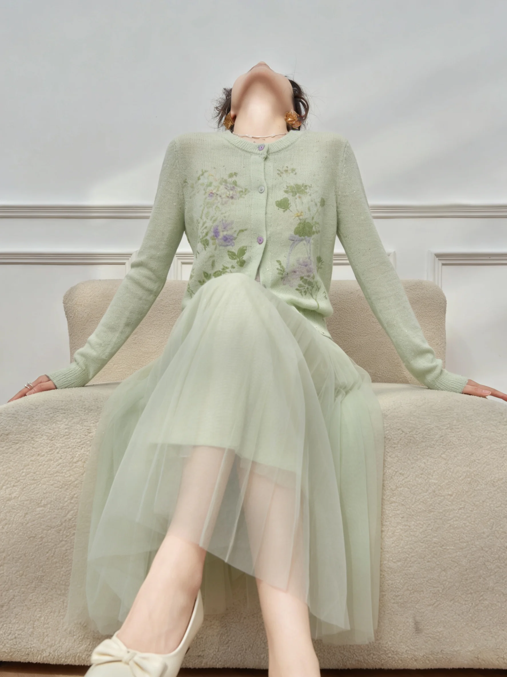 

Green Floral Knitted Top And Lace Dress Two-Piece Set for Women Elegant Unique Spring Collection Comfortable Loose Fit