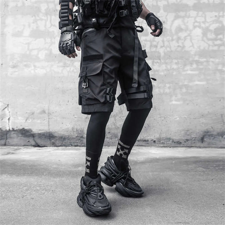 2025 Summer Cargo Shorts Multi Pocket Short Pant Tactical Functional Loose Streetwear Elastic Waist Shorts Black Techwear