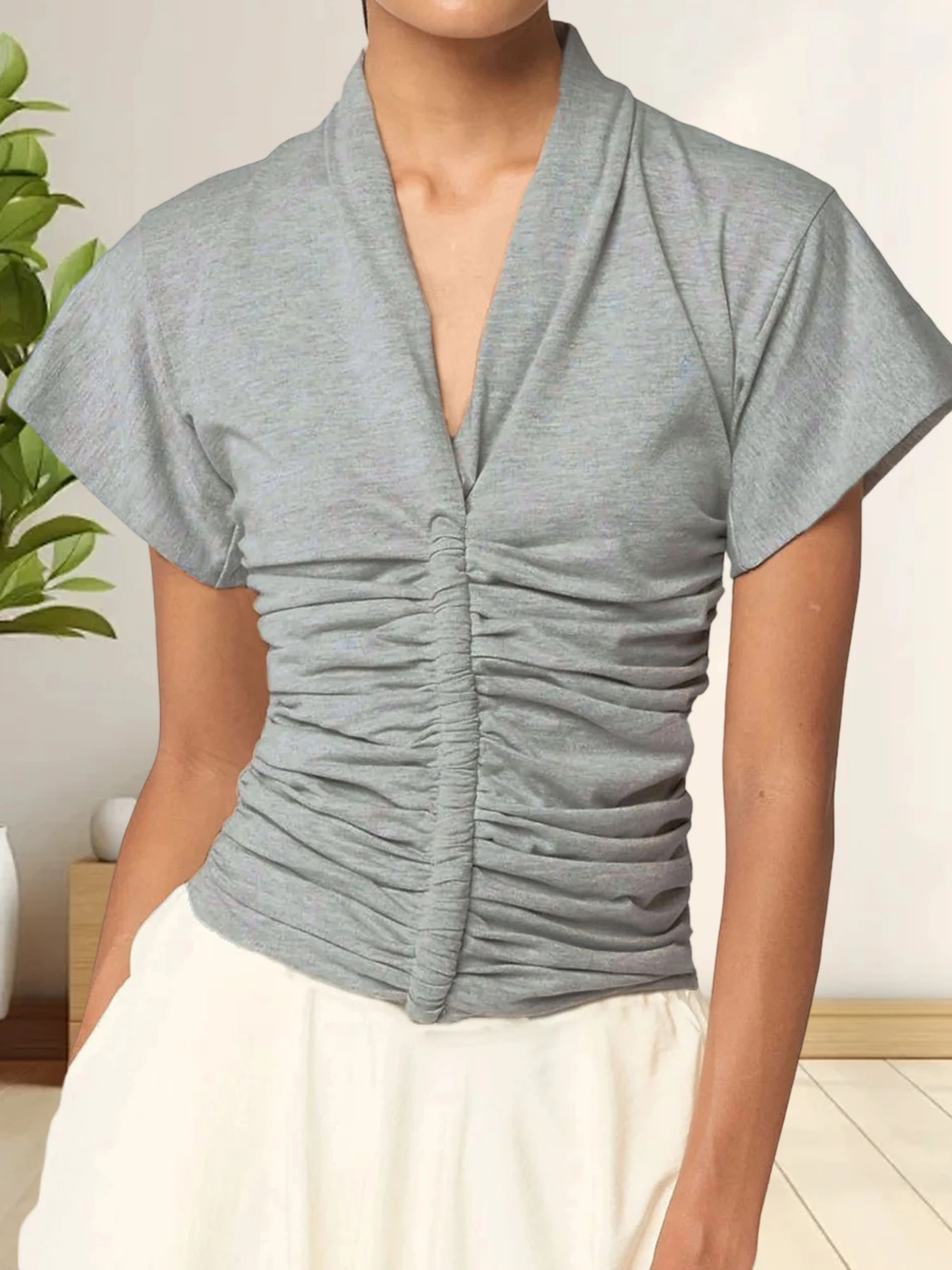 Feminino decote em v manga curta plissado cor sólida ajuste camiseta casual verão topo para diário streetwear moda