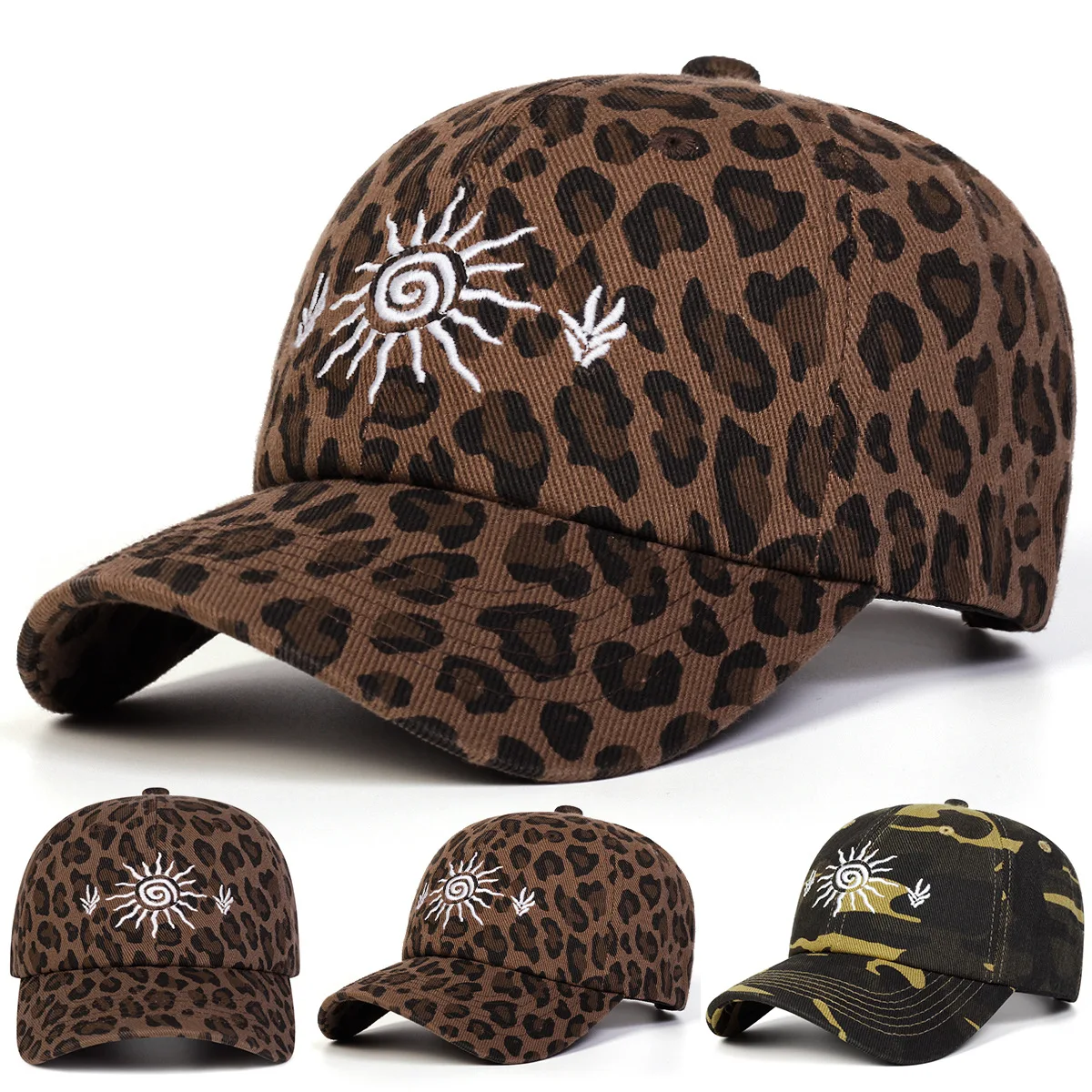 Unisex Sun Embroidery Leopard Print Baseball Caps Spring Autumn Outdoor Adjustable Casual Hats Sunscreen Hat Sports Cap