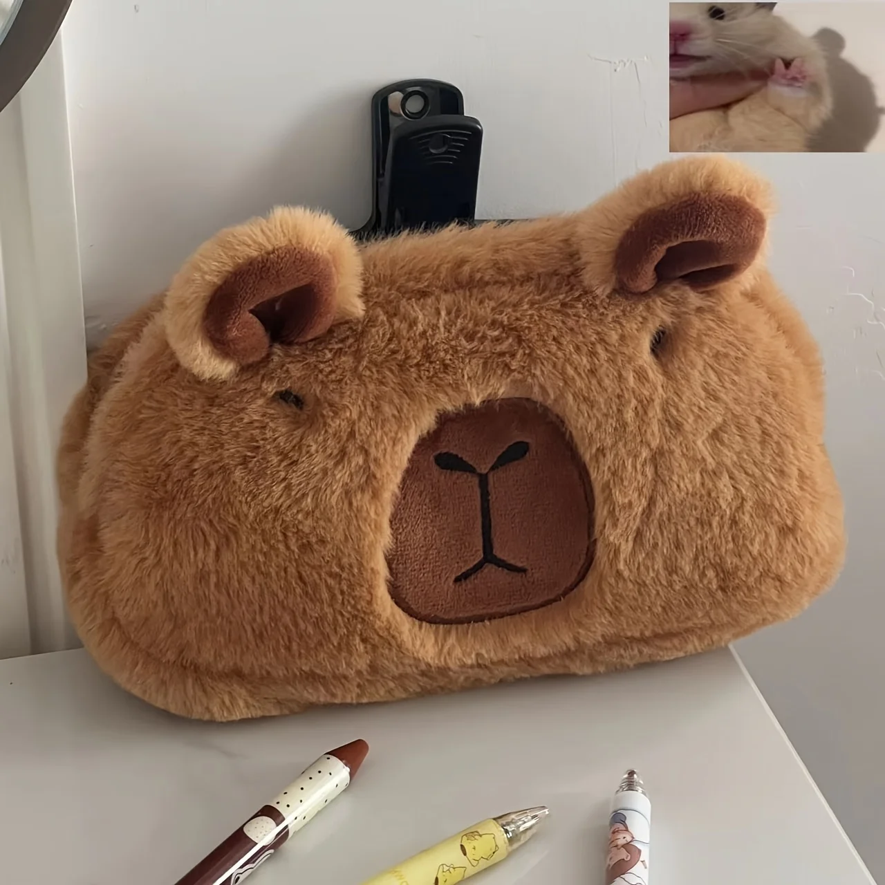 

2-in-1 Furry Capybara Pencil Bag & Makeup Bag Large Capacity Stationery Case Portable Cosmetics Bag Cute Christmas Gift for Kids