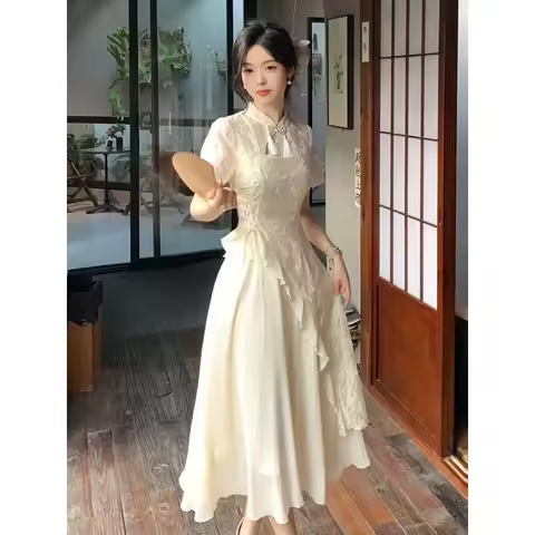 Autumn Chinese Style Women Dress Women Beige Tassel Straps Improved Modern Cheongsam Elegant Evening Dress Vestidos Chinos