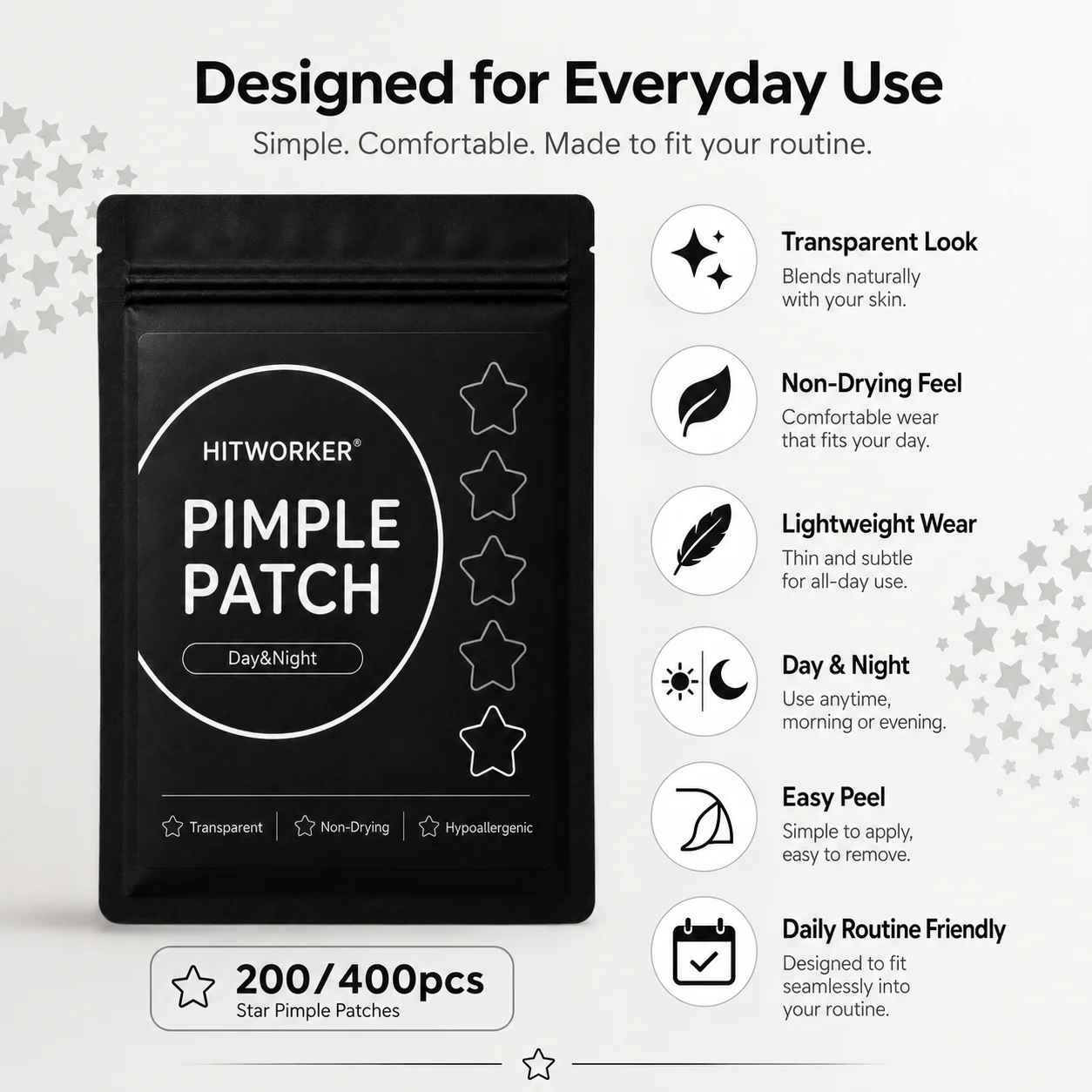 200/400Pcs Black Star Tea Tree Oil Acne Patches, Hydrocolloid Soothing Repair Zit Stickers, Black Cartoon Star Pimple Covers for