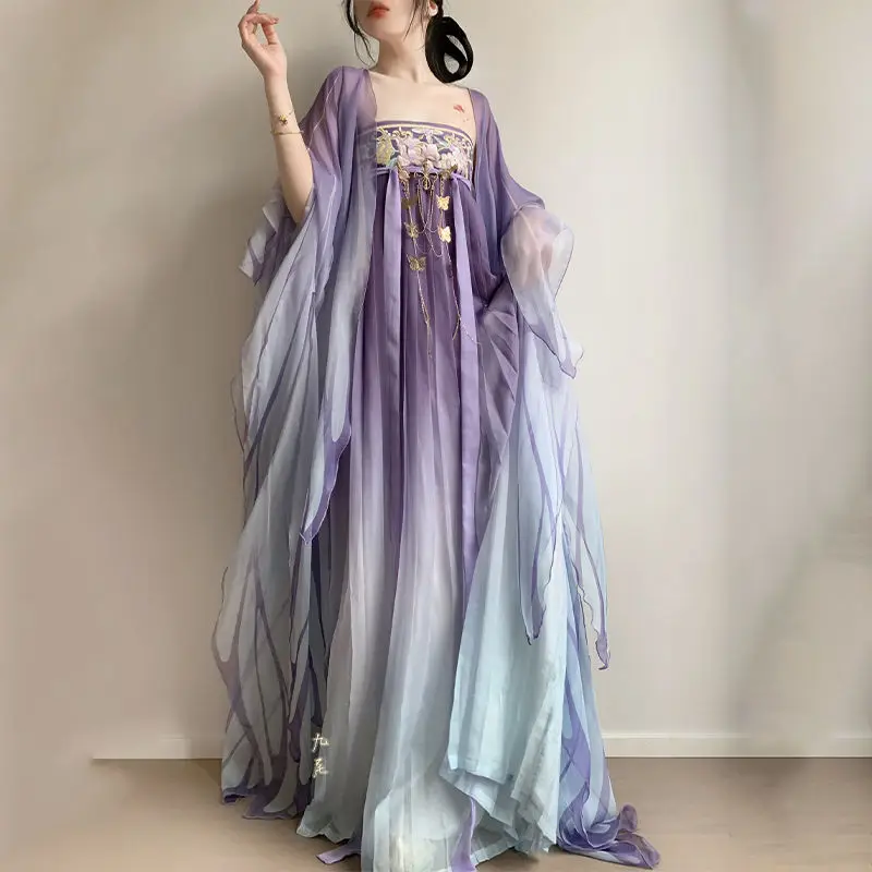 Robe Hanfu chinoise de la dynastie Tang pour femmes adultes, jupe de prairie violette, littérature de palais, ensemble imprimé à grandes manches Hanfu