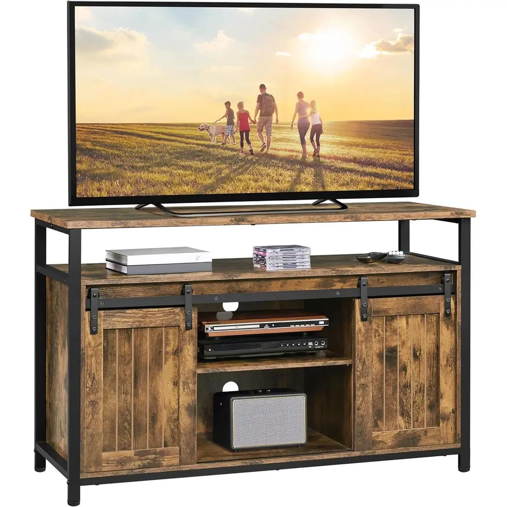 55 Inch TV Stand with Barn Door and Height-Adjustable Shelves for Living Room Entertainment