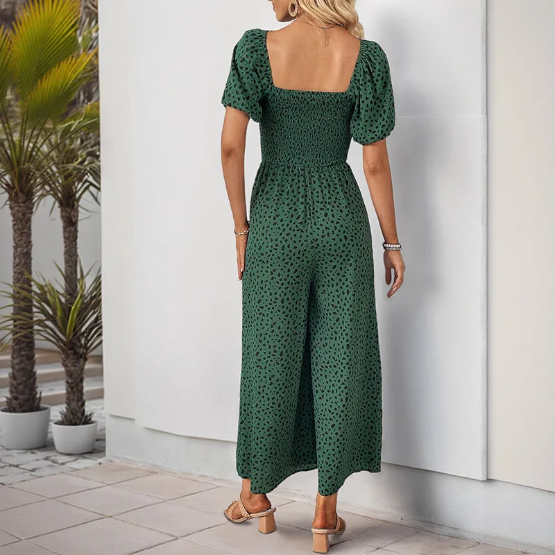 

2026 New Style Square Neckline Puffed Sleeves Wide Leg Pants Printed Summer Jumpsuit
