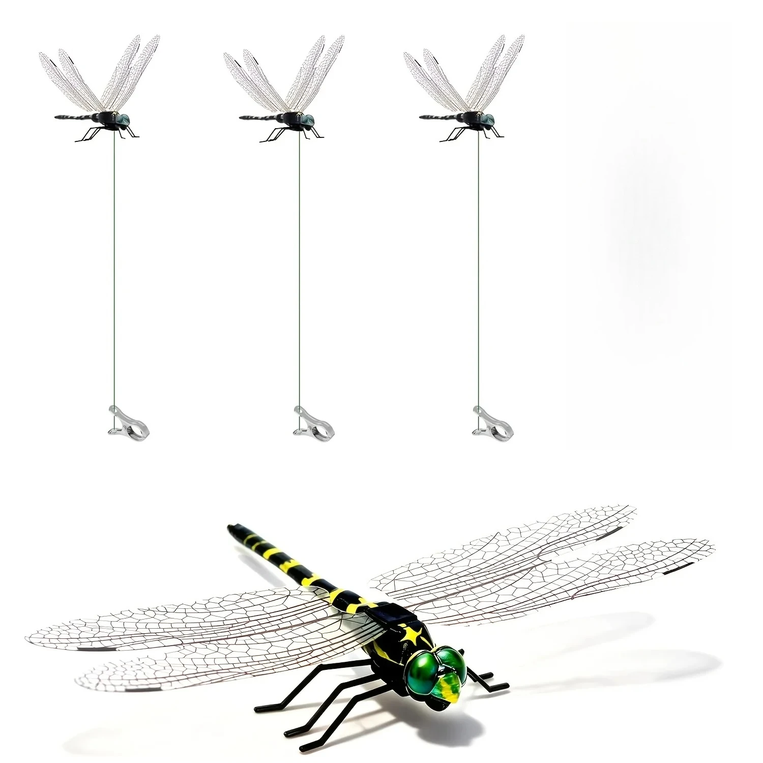 3pcs Realistic Artificial Dragonfly Hanging Clips, Fake Dragonfly Bird Repellent Decor for Garden Window Balcony Outdoor Pest