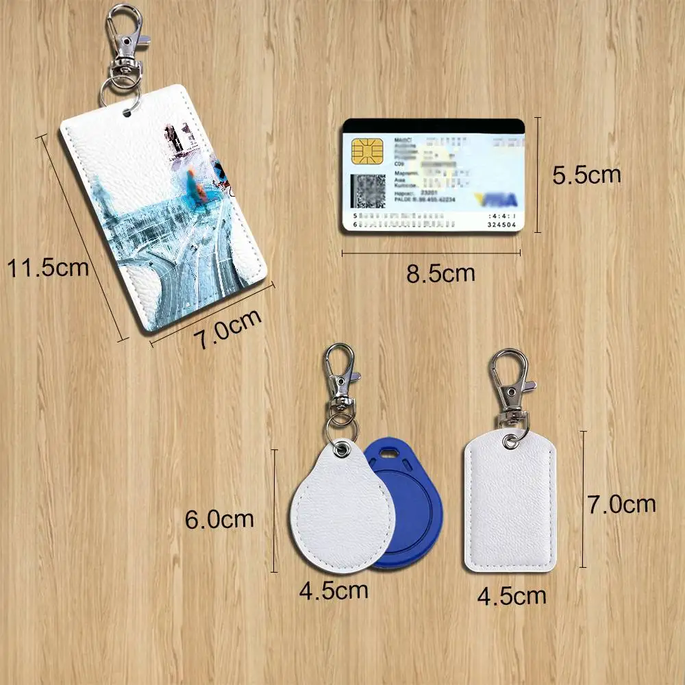 OK Computer Thom Yorke Radiohead Rectangle ID Card Case Keychain Access Card Bag Key Tag Ring Leather Card Holder Key Ring