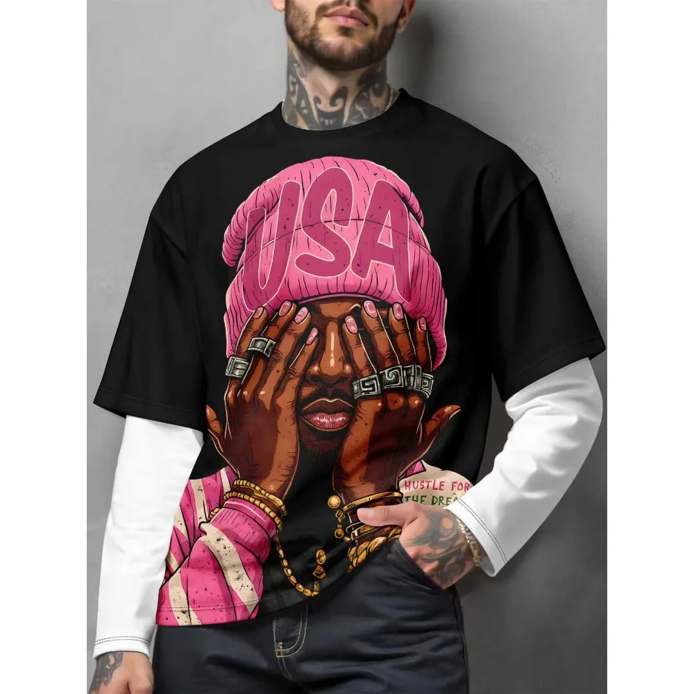 

American High Street Camouflage Splicing Prints Loose Fake Two-piece Long Sleeved T-shirt Round Neck Men's and Women's Street